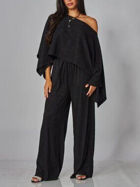 B63 Crinkled Plisse Cape Kimono Luxury& Wide Leg Pants Set NEW - Black